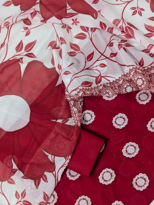 3PC CHICKEN EMBROIDERY DORYA LAWN WITH SHAFOON NET PRINTED DUPATA PREMIUM SUMMER COLLECTION 2026 ( RED COLOR)