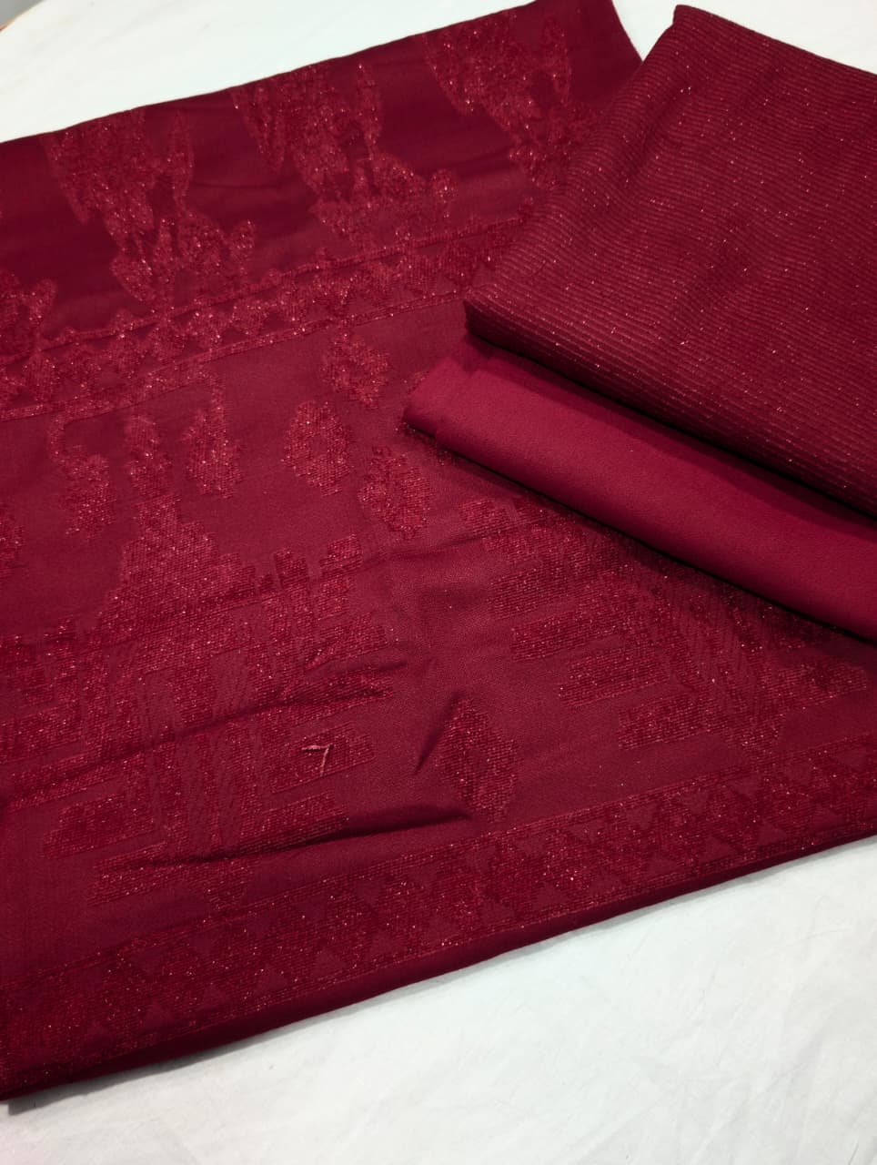 3PC PEACH WOOL VELVET WITH HIGH QUALITY CUT WORK DESIGN VELVET SHAWL EXPORT QUALITY WINTER COLLECTION (MAHROON)