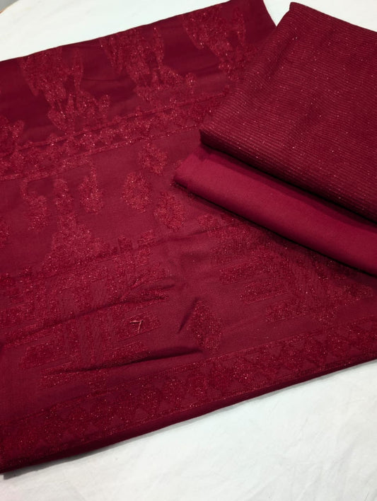 3PC PEACH WOOL VELVET WITH HIGH QUALITY CUT WORK DESIGN VELVET SHAWL EXPORT QUALITY WINTER COLLECTION (MAHROON)