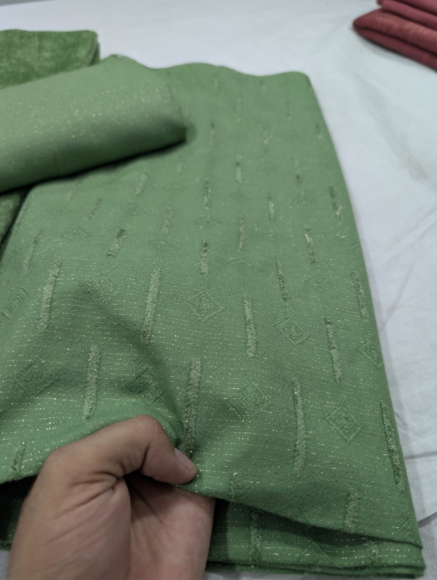 3PC PEACH LEATHER WITH HIGH QUALITY SELF DESIGN FLUFFY VELVET SHAWL EXPORT QUALITY WINTER COLLECTION (APPLE GREEN)