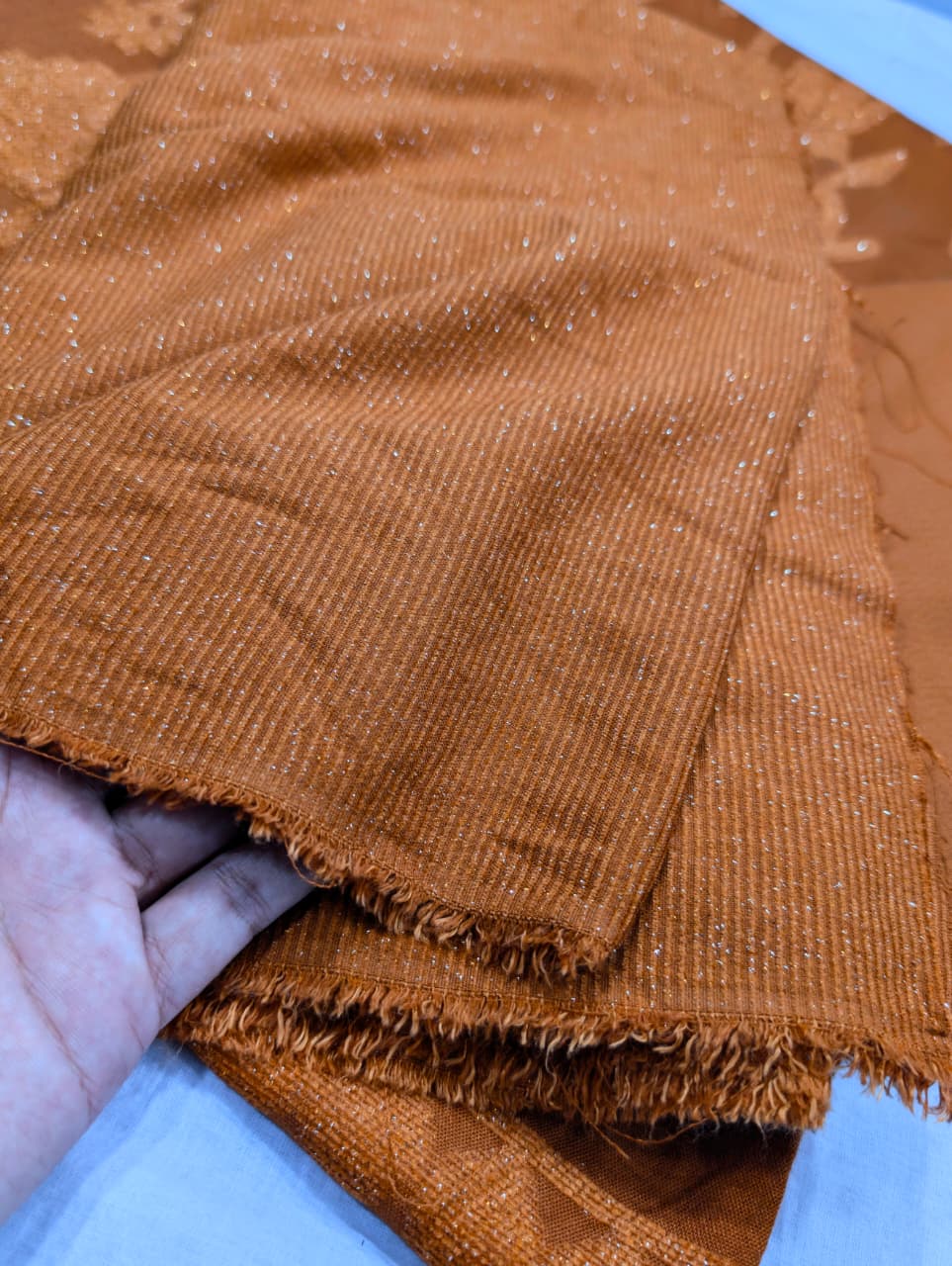 3PC PEACH WOOL VELVET WITH HIGH QUALITY CUT WORK DESIGN VELVET SHAWL EXPORT QUALITY WINTER COLLECTION (RUST COLOR)