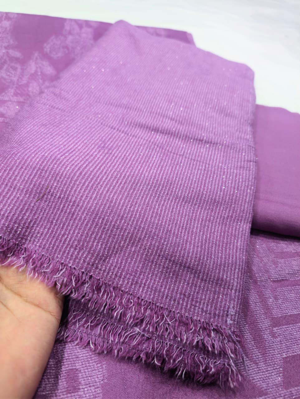 3PC PEACH WOOL VELVET WITH HIGH QUALITY CUT WORK DESIGN VELVET SHAWL EXPORT QUALITY WINTER COLLECTION (PURPLE LILAC) MOST DEMANDING COLOR
