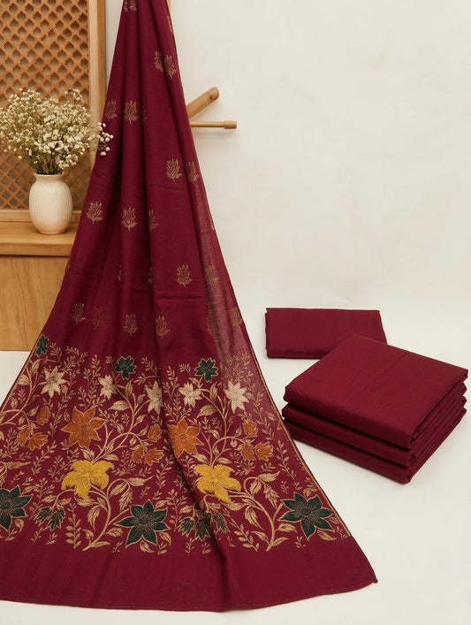 3PC PEACH WOOL WITH PASHMINA BANARSI MULTI VELVET SHAWL EXPORT QUALITY WINTER COLLECTION (MAHROON)