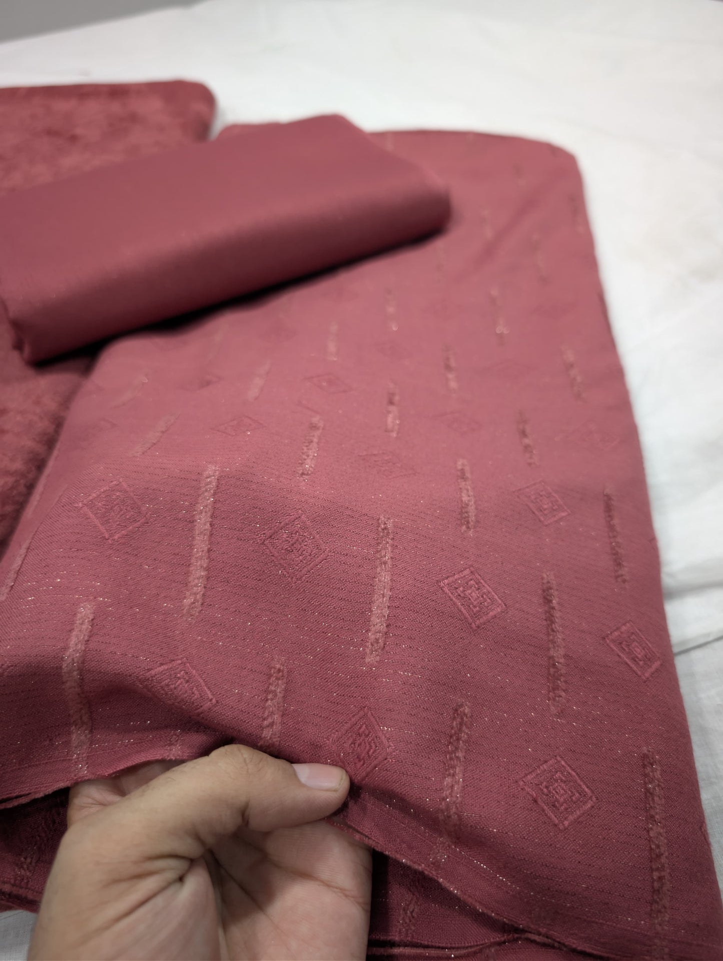 3PC PEACH LEATHER WITH HIGH QUALITY SELF DESIGN FLUFFY VELVET SHAWL EXPORT QUALITY WINTER COLLECTION (ROSE PINK)