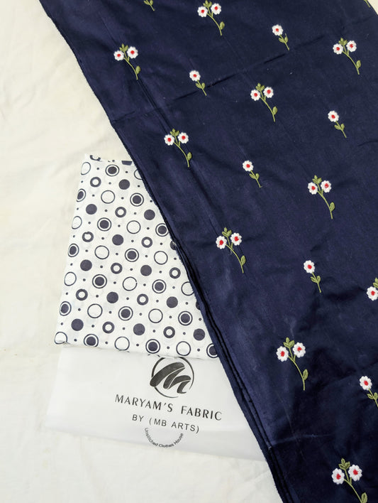 2PC EMBROIDERY LAWN WITH POLKA DOT PRINTED CAMBRIC TROUSER PREMIUM QUALITY SUMMER COLLECTION (EMBP00BLU)
