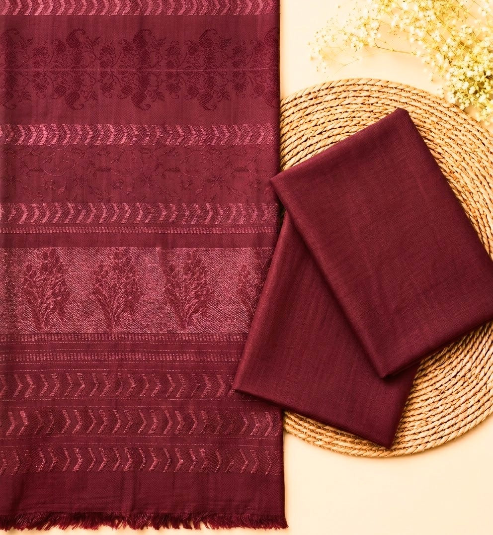 3PC PEACH MARINA FABRIC WITH LUXURIOUS VELVET JAQUARD SHAWL PREMIUM WINTER COLLECTION (MAHROON)