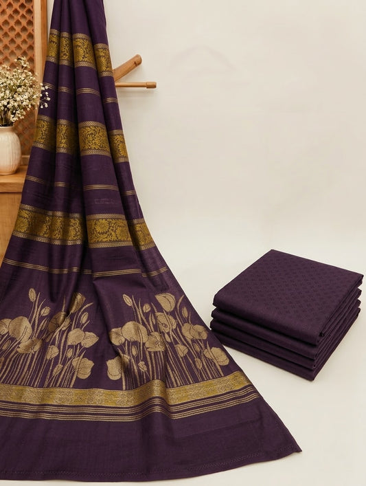 3PC MARINA SELF EMBOSSED DESIGN WITH HIGH QUALITY PASHMINA KANI WORK SHAWL (PURPLE COLOR)