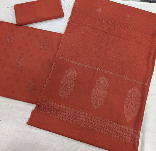 MARINA VELVET MOTIF (EMBOSSED DESIGN) 3PC WITH AMAZING QUALITY VELVET BROSHA SHAWL (RUST COLOR)