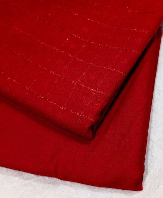 2PC MARINA SELF EMBOSSED DESIGN WITH HIGH QUALITY PLAIN MARINA TROUSER (RED )