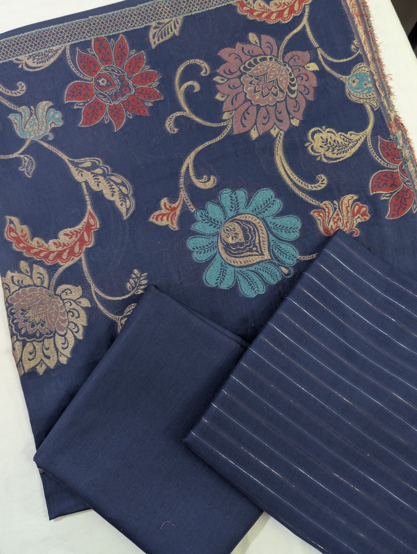 3PC MOON LIGHT LAWN WITH VERY PREMIUM QUALITY MULTI JAQUARD BANARSI LAWN DUPATA (NEVYBLUE)
