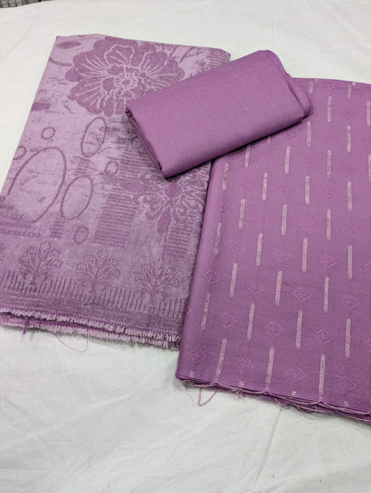 3PC PEACH LEATHER WITH HIGH QUALITY SELF DESIGN FLUFFY VELVET SHAWL EXPORT QUALITY WINTER COLLECTION (PURPLE LILAC)