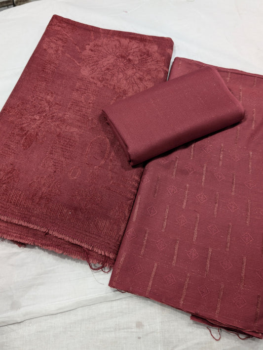 3PC PEACH LEATHER WITH HIGH QUALITY SELF DESIGN FLUFFY VELVET SHAWL EXPORT QUALITY WINTER COLLECTION (ROSE PINK)