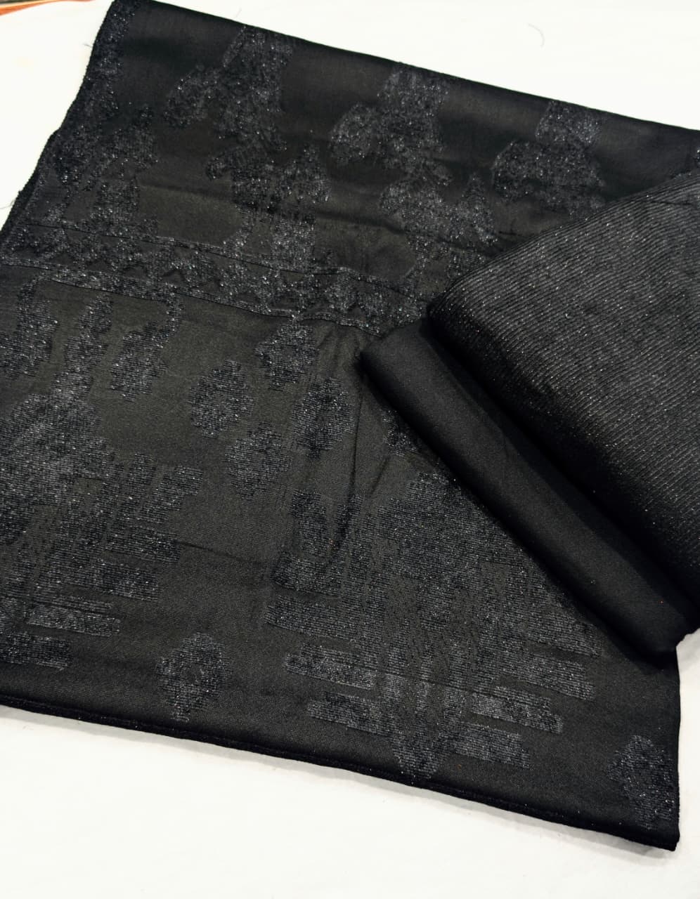 3PC PEACH WOOL VELVET WITH HIGH QUALITY CUT WORK DESIGN VELVET SHAWL EXPORT QUALITY WINTER COLLECTION (JET BLACK)