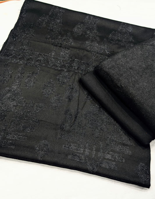 3PC PEACH WOOL VELVET WITH HIGH QUALITY CUT WORK DESIGN VELVET SHAWL EXPORT QUALITY WINTER COLLECTION (JET BLACK)