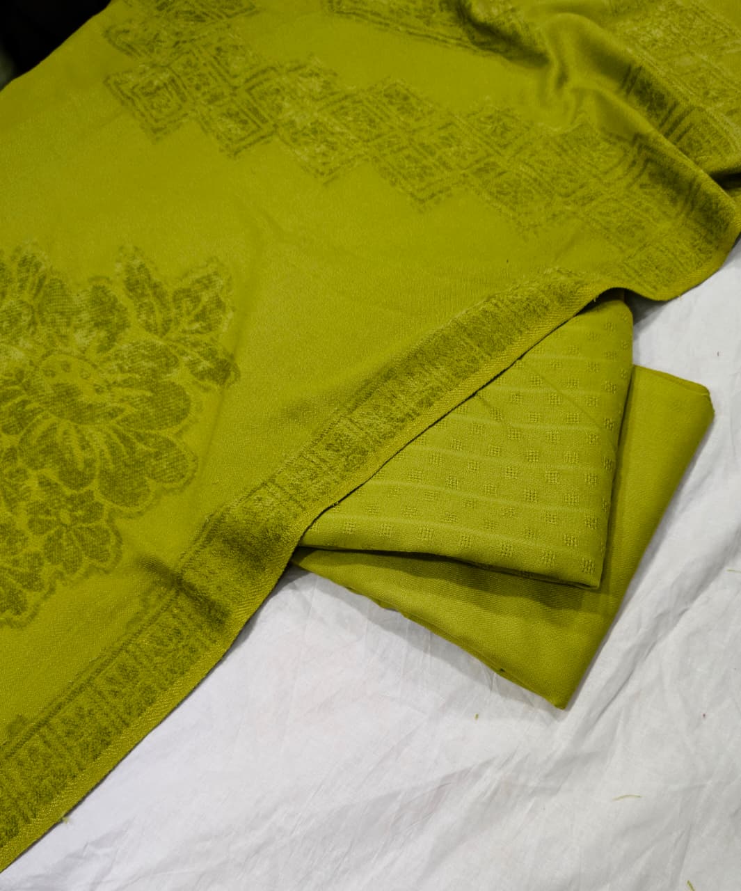 3PC MARINA SELF EMBOSSED WITH HIGH QUALITY RICH VELVET WOOL SHAWL LUXURIOUS WINTER COLLECTION (OLIVE GREEN)