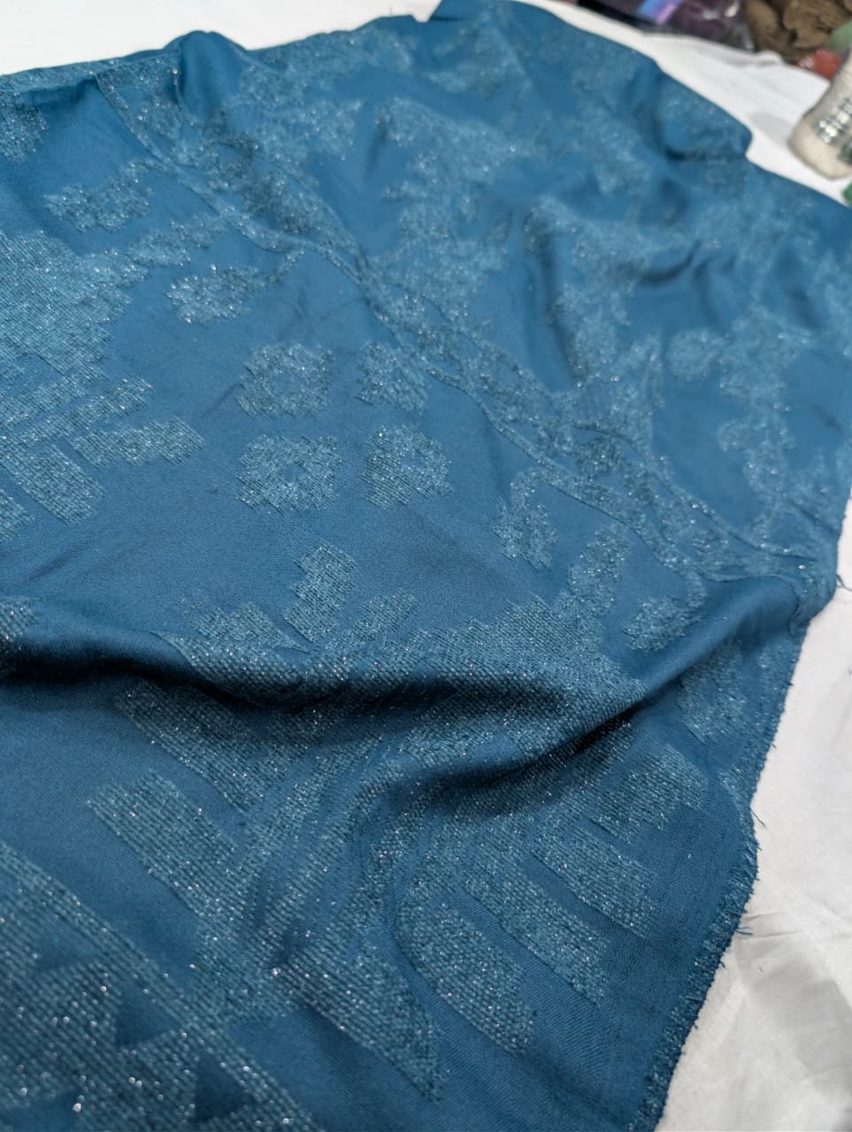 3PC PEACH WOOL VELVET WITH HIGH QUALITY CUT WORK DESIGN VELVET SHAWL EXPORT QUALITY WINTER COLLECTION ( ZINC BLUE)