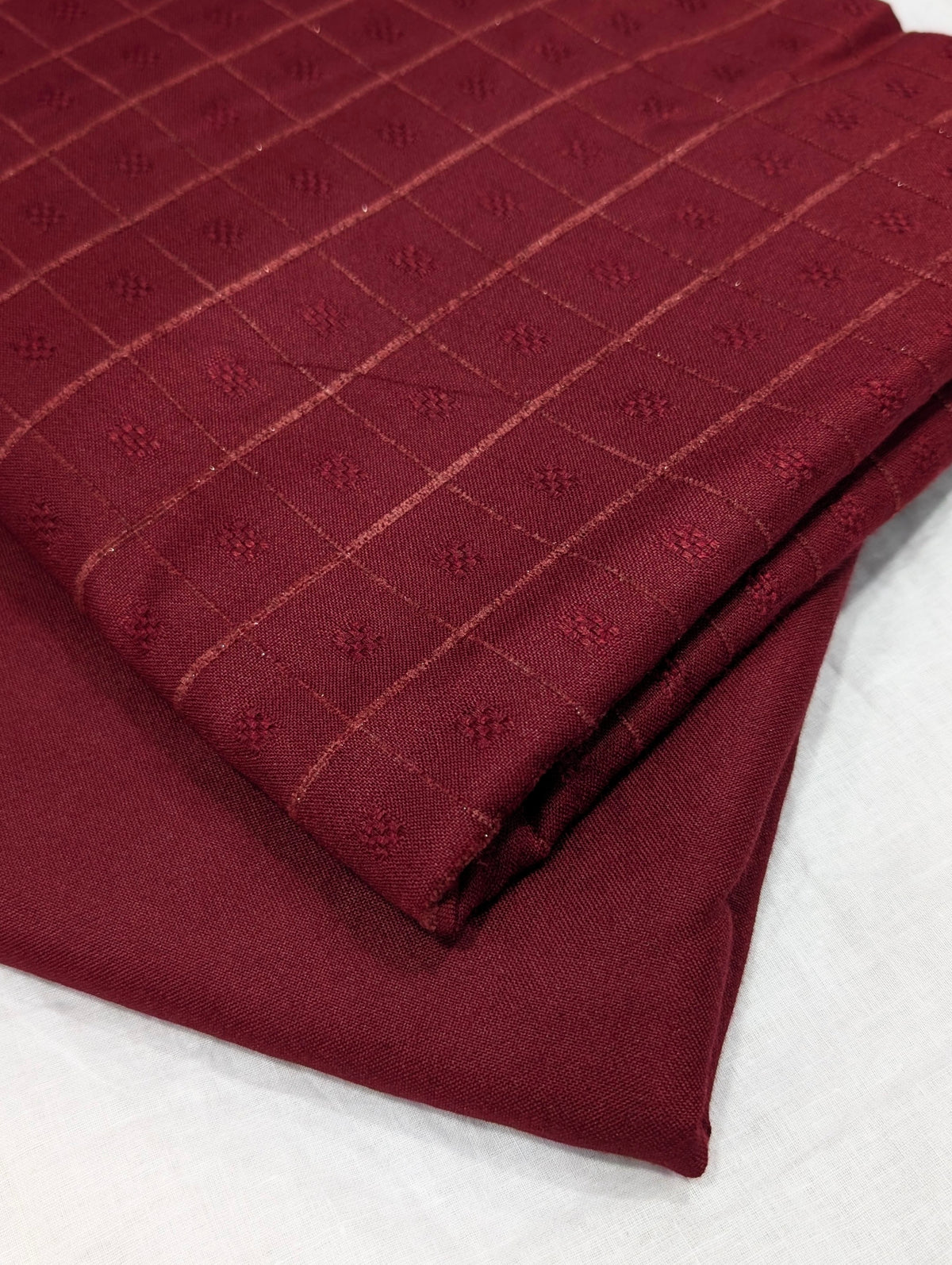 2PC MARINA SELF EMBOSSED DESIGN WITH HIGH QUALITY PLAIN MARINA TROUSER (MAHROON)