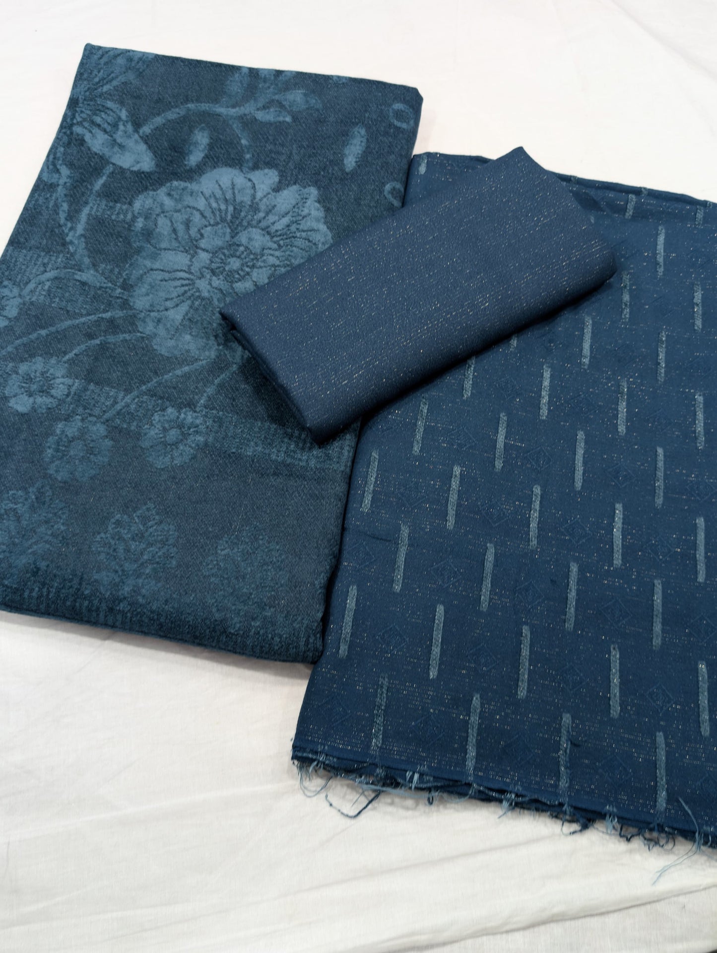 3PC PEACH LEATHER WITH HIGH QUALITY SELF DESIGN FLUFFY VELVET SHAWL EXPORT QUALITY WINTER COLLECTION (ZINC BLUE)