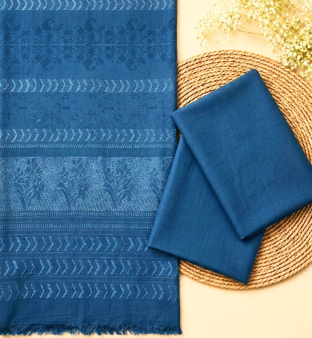 3PC PEACH MARINA FABRIC WITH LUXURIOUS VELVET JAQUARD SHAWL PREMIUM WINTER COLLECTION (TEAL BLUE)