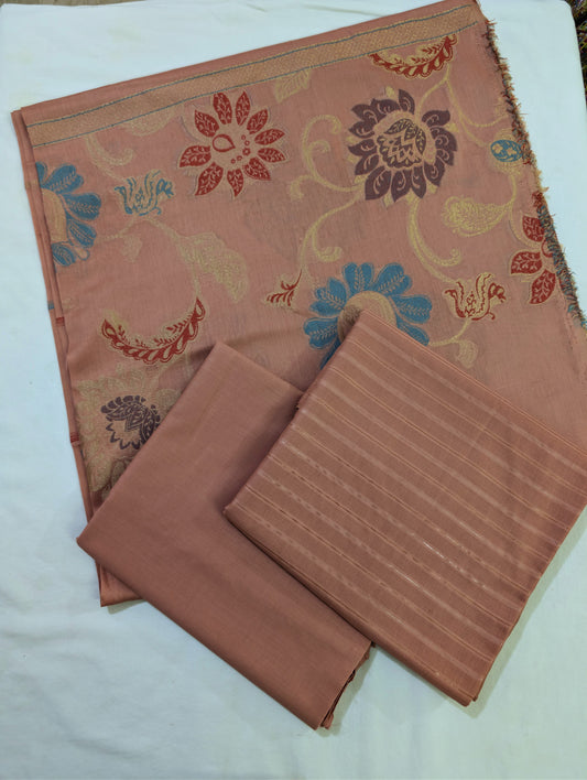 3PC MOON LIGHT LAWN WITH VERY PREMIUM QUALITY MULTI JAQUARD BANARSI LAWN DUPATA (PEACH COLOR)