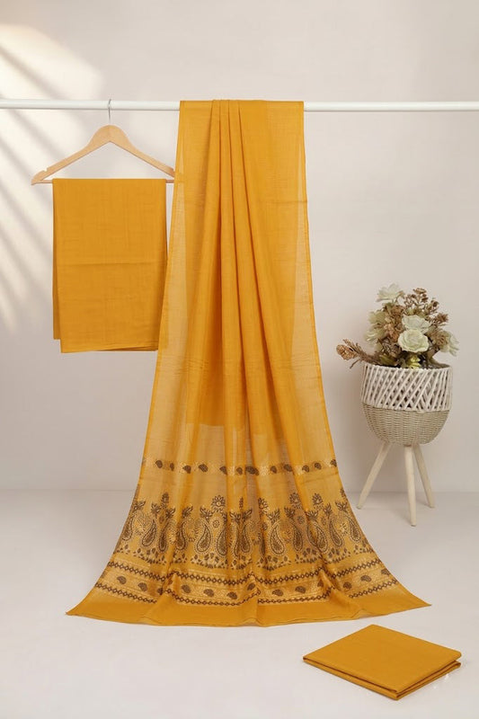 3PC DORYA LAWN WITH MULTI JAQUARD BANARSI LUXURY LAWN DUPATTA (YELLOW MASTRD)