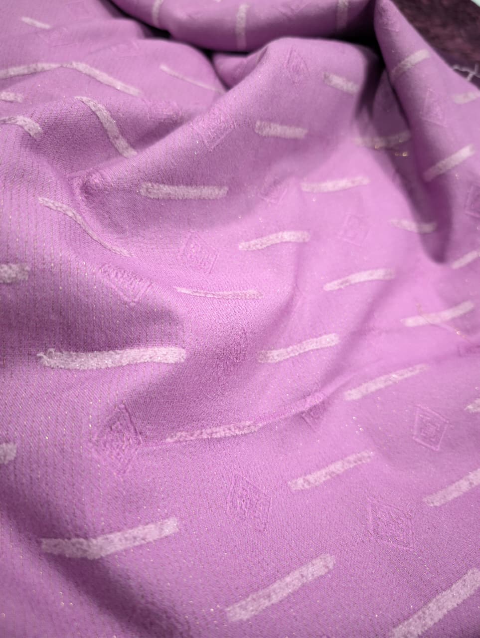 3PC PEACH LEATHER WITH HIGH QUALITY SELF DESIGN FLUFFY VELVET SHAWL EXPORT QUALITY WINTER COLLECTION (PURPLE LILAC)