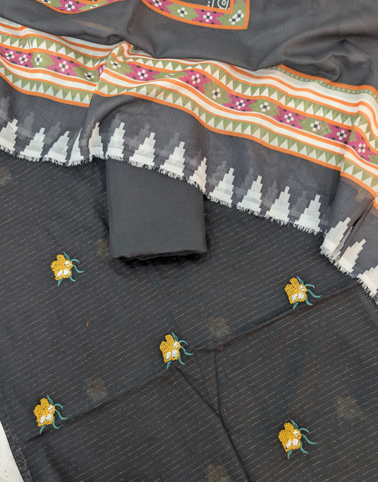 3PC CHAMKI DORYA EMBROIDED WITH SHAFOON NET PRINTED DUPATA VERY PREMIUM QUALITY SUMMER COLLECTION 2026 ( BLACK)