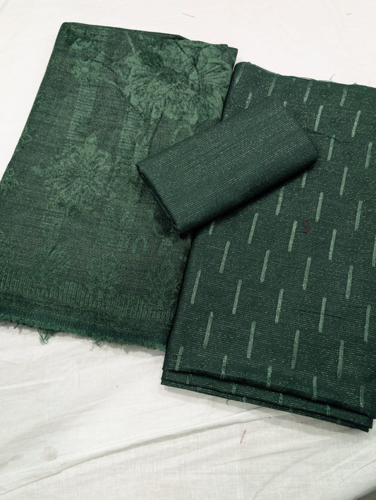 3PC PEACH LEATHER WITH HIGH QUALITY SELF DESIGN FLUFFY VELVET SHAWL EXPORT QUALITY WINTER COLLECTION (BOTTLE GREEN)