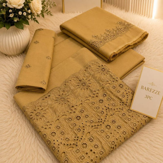 Barezze 3PC Chikankari Embroidered Lawn Suit Beige Skin