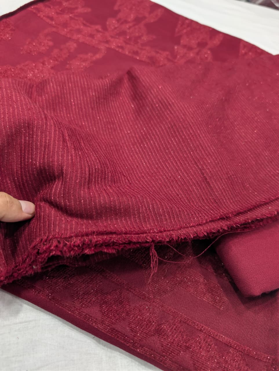 3PC PEACH WOOL VELVET WITH HIGH QUALITY CUT WORK DESIGN VELVET SHAWL EXPORT QUALITY WINTER COLLECTION (MAHROON)