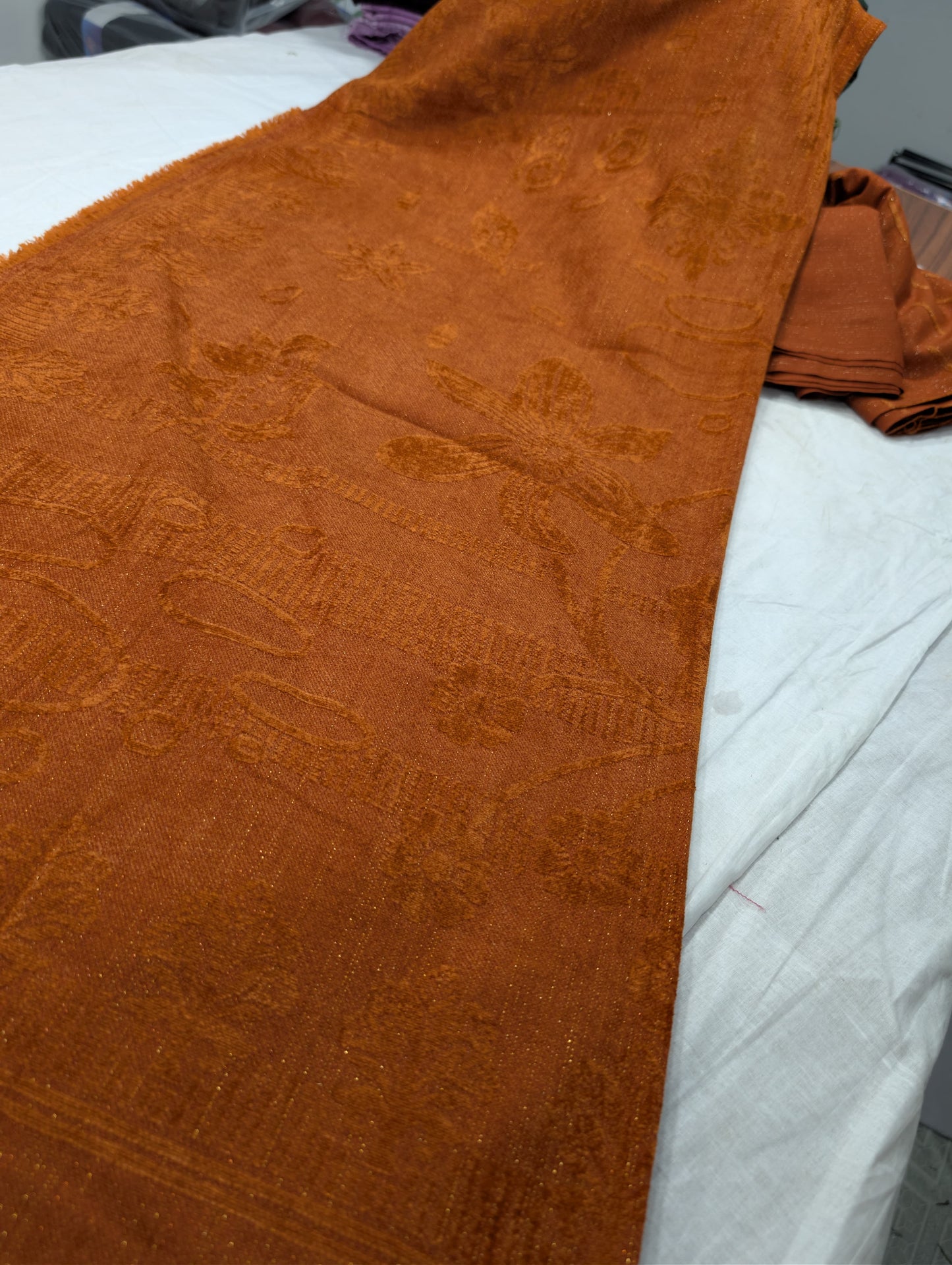 3PC PEACH LEATHER WITH HIGH QUALITY SELF DESIGN FLUFFY VELVET SHAWL EXPORT QUALITY WINTER COLLECTION (RUST COLOR)
