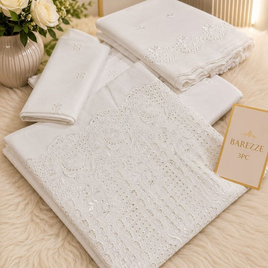 Barezze 3PC Chikankari Embroidered Lawn Suit – White | Full Boring