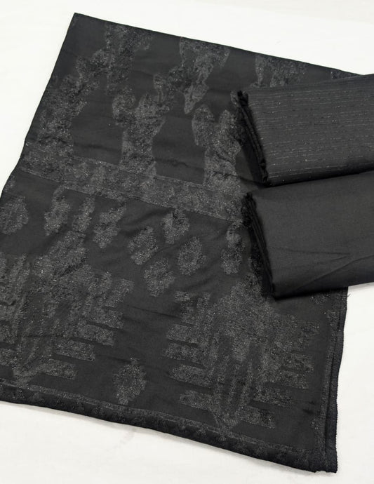 3PC CHAMKI VELVET MARINA WITH HIGH QUALITY CUT WORK DESIGN VELVET SHAWL PREMIUM WINTER COLLECTION (JET BLACK) DEMANDING COLOR
