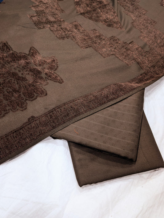3PC MARINA SELF EMBOSSED WITH HIGH QUALITY RICH VELVET WOOL SHAWL LUXURIOUS WINTER COLLECTION (CHOCOLATE BROWN)