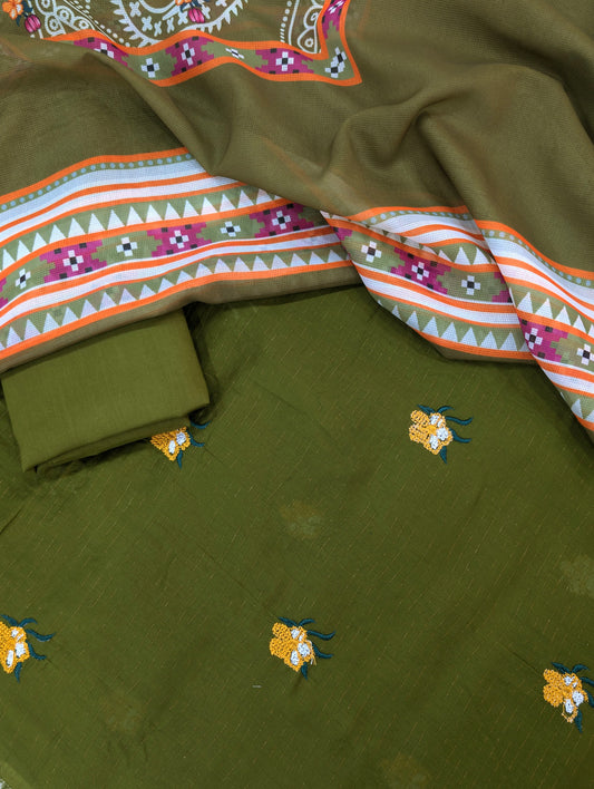 3PC CHAMKI DORYA EMBROIDED WITH SHAFOON NET PRINTED DUPATA VERY PREMIUM QUALITY SUMMER COLLECTION 2026 (MAHNDI GREEN)