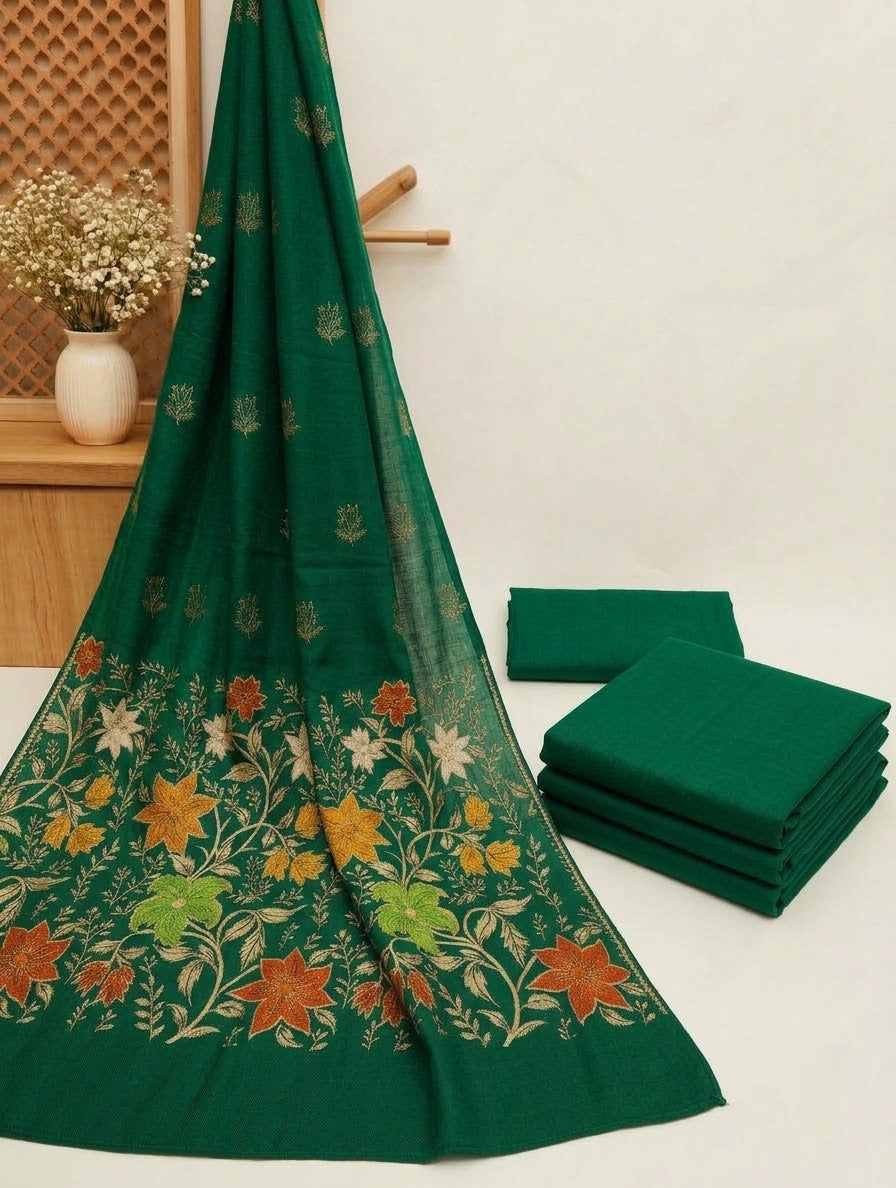 3PC PEACH WOOL WITH PASHMINA BANARSI MULTI VELVET SHAWL EXPORT QUALITY WINTER COLLECTION (BOTTLE GREEN)