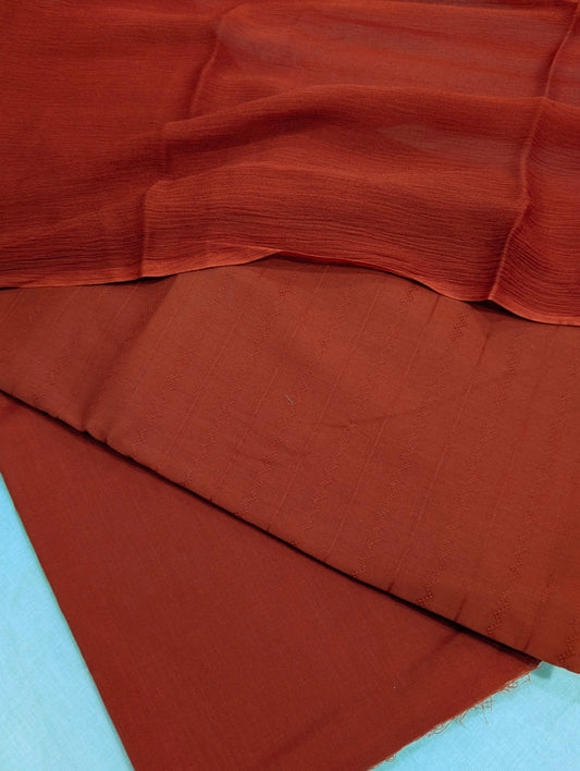 3PC SELF PRINTED LAWN PREMIUM QUALITY WITH 100 % PURE DYED SHAFOON DUPATTA (RUST COLOR)