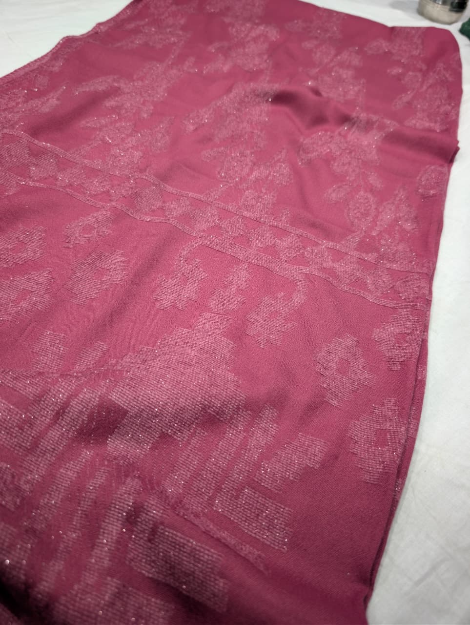 3PC PEACH WOOL VELVET WITH HIGH QUALITY CUT WORK DESIGN VELVET SHAWL EXPORT QUALITY WINTER COLLECTION (ROSE PINK)
