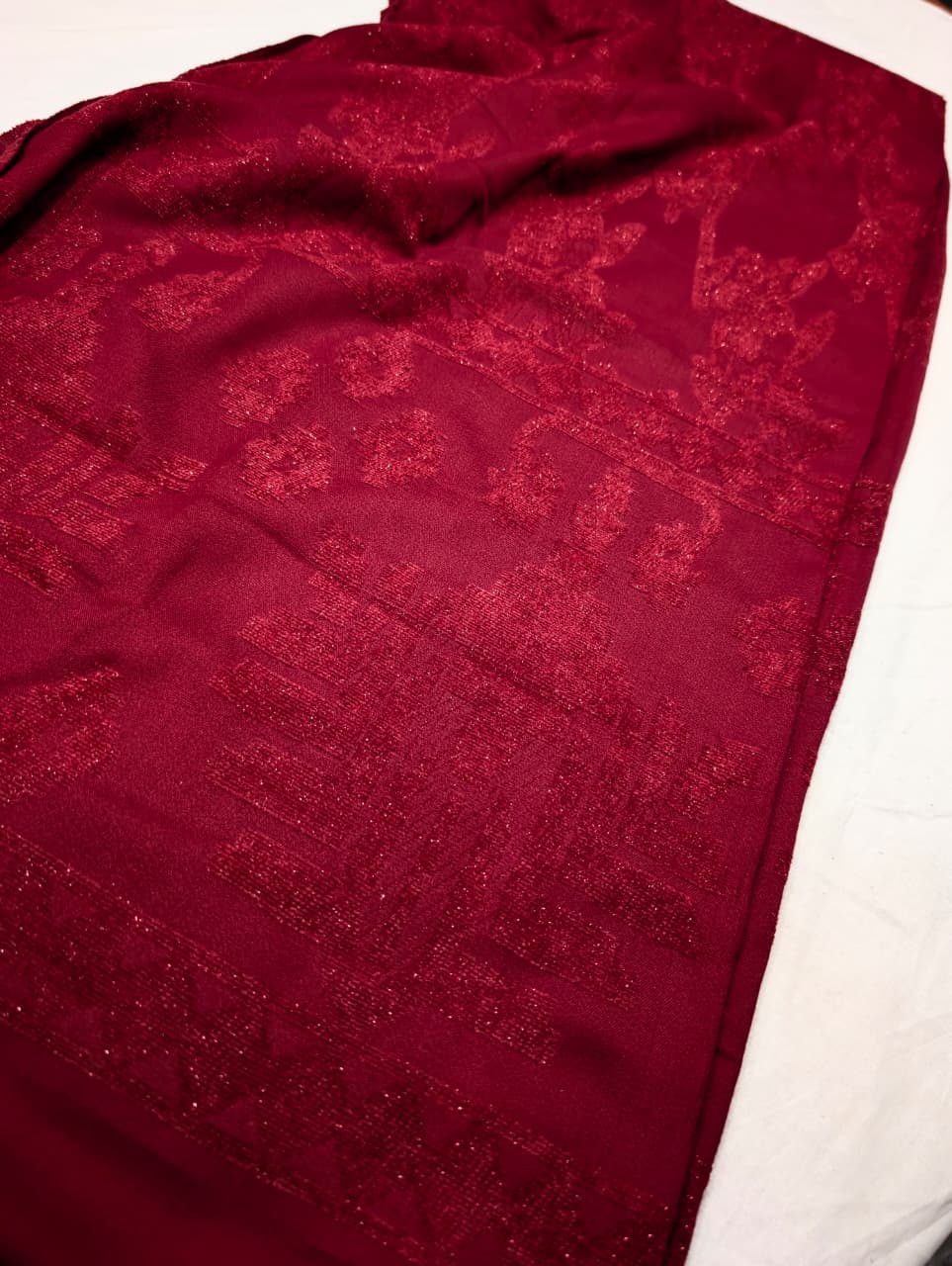 3PC PEACH WOOL VELVET WITH HIGH QUALITY CUT WORK DESIGN VELVET SHAWL EXPORT QUALITY WINTER COLLECTION (MAHROON)