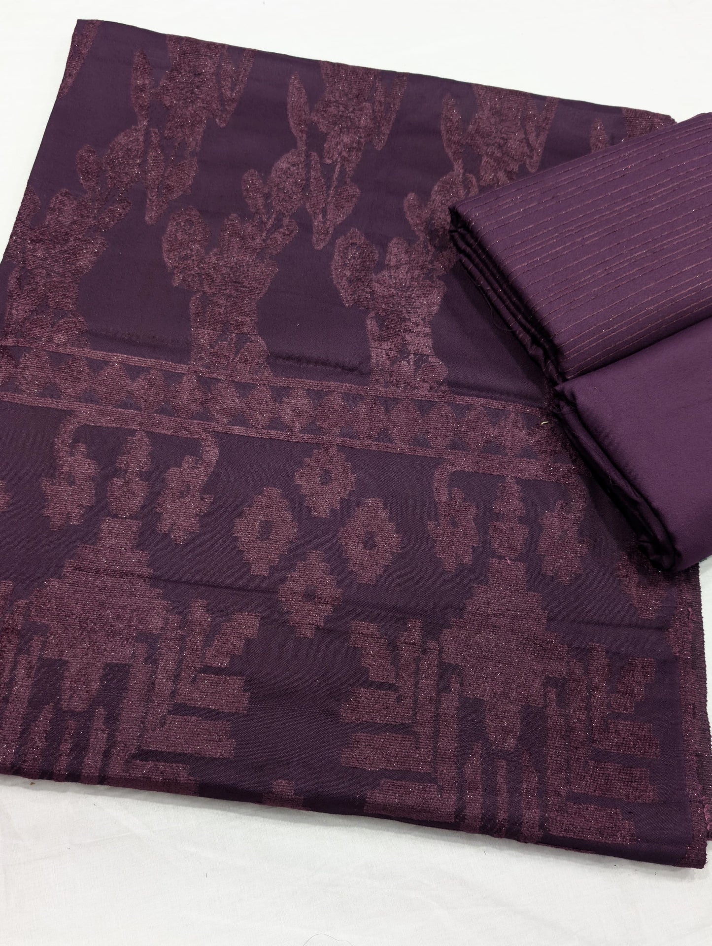 3PC CHAMKI VELVET MARINA WITH HIGH QUALITY CUT WORK DESIGN VELVET SHAWL PREMIUM WINTER COLLECTION (DARK PURPLE)