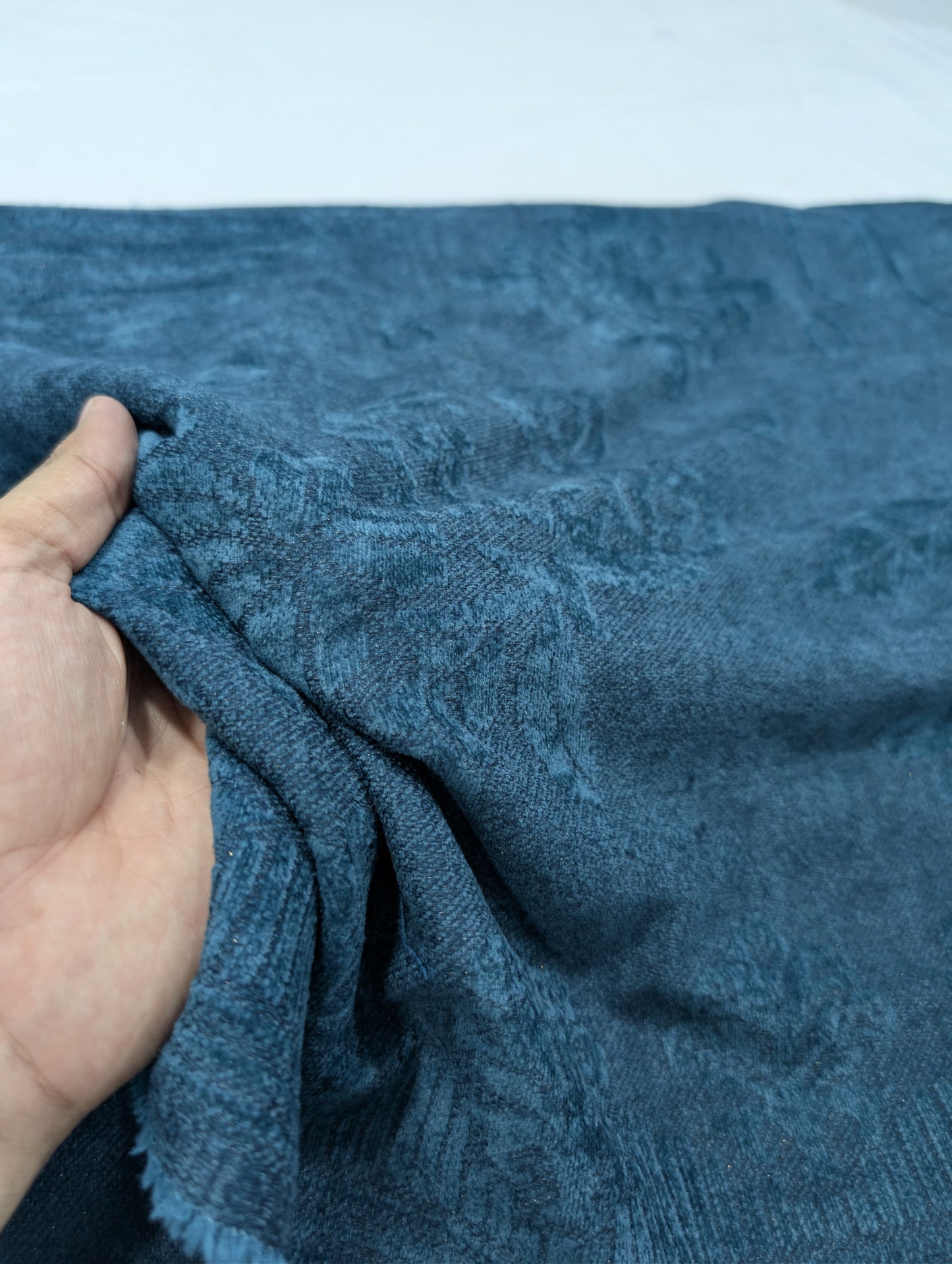 3PC PEACH LEATHER WITH HIGH QUALITY SELF DESIGN FLUFFY VELVET SHAWL EXPORT QUALITY WINTER COLLECTION (ZINC BLUE)