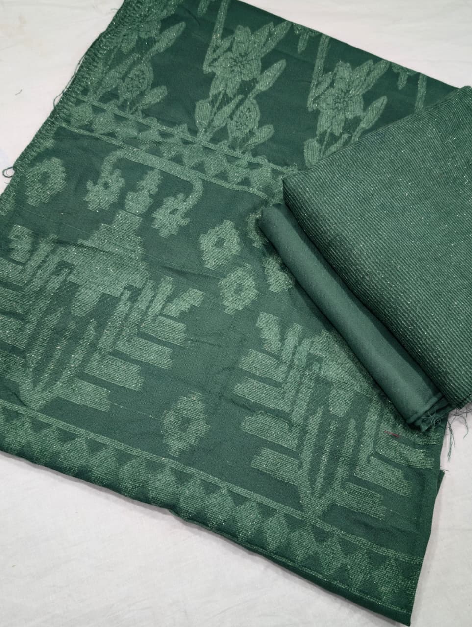 3PC PEACH WOOL VELVET WITH HIGH QUALITY CUT WORK DESIGN VELVET SHAWL EXPORT QUALITY WINTER COLLECTION (SAGE GREEN)
