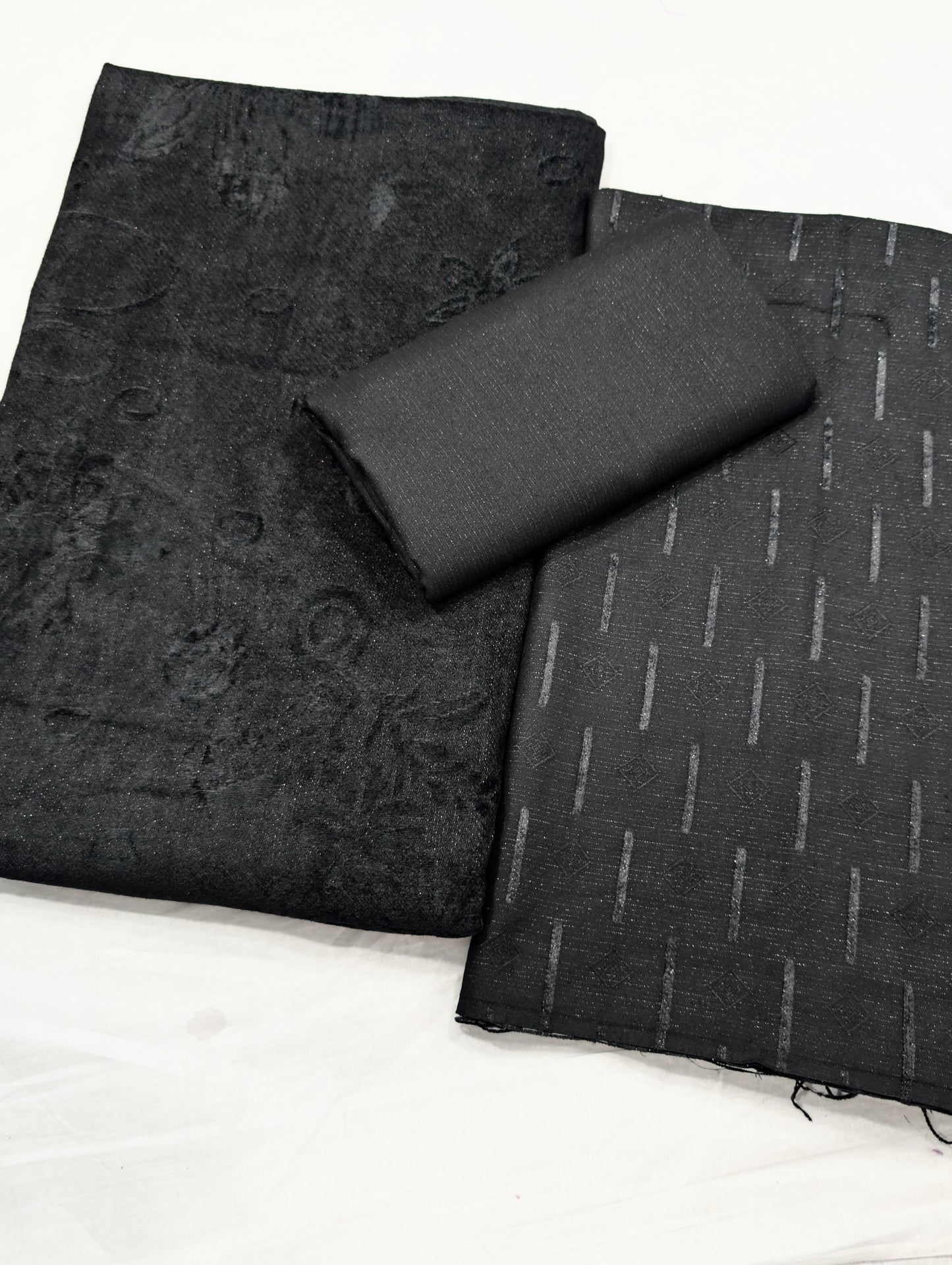 3PC PEACH LEATHER WITH HIGH QUALITY SELF DESIGN FLUFFY VELVET SHAWL EXPORT QUALITY WINTER COLLECTION (JET BLACK)