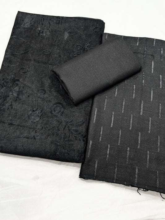 3PC PEACH LEATHER WITH HIGH QUALITY SELF DESIGN FLUFFY VELVET SHAWL EXPORT QUALITY WINTER COLLECTION (JET BLACK)