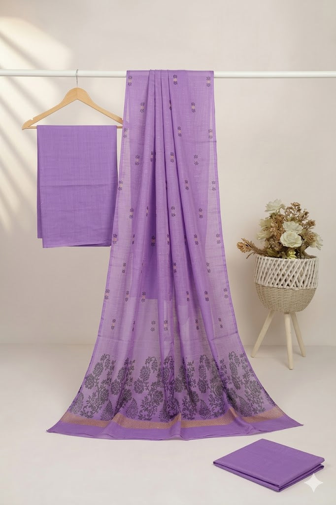 3PC BANA DORYA LAWN WITH NEW BANARSI PREMIUM QUALITY LAWN DUPATA (BND000FL) PURPLE LILAC
