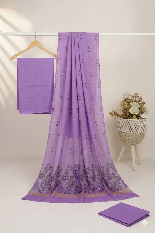 3PC BANA DORYA LAWN WITH NEW BANARSI PREMIUM QUALITY LAWN DUPATA (BND000FL) PURPLE LILAC