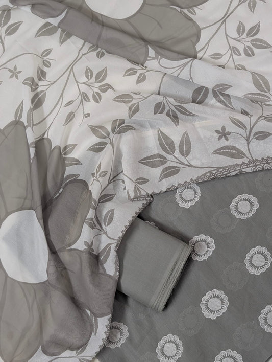 3PC CHICKEN EMBROIDERY DORYA LAWN WITH SHAFOON NET PRINTED DUPATA PREMIUM SUMMER COLLECTION 2026 (METAL GRAY )