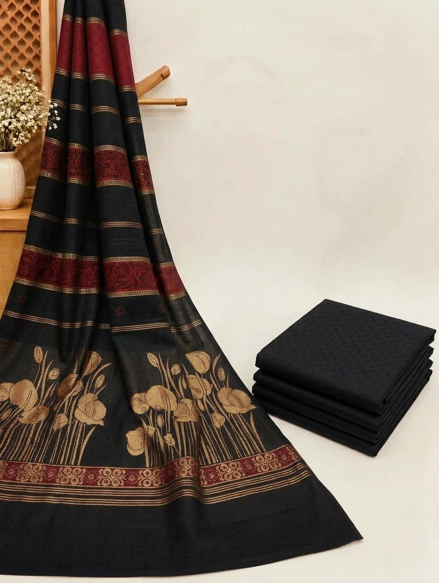 3PC MARINA SELF EMBOSSED DESIGN WITH HIGH QUALITY PASHMINA KANI WORK SHAWL (JET BLACK)