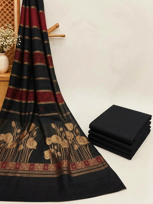 3PC MARINA SELF EMBOSSED DESIGN WITH HIGH QUALITY PASHMINA KANI WORK SHAWL (JET BLACK)