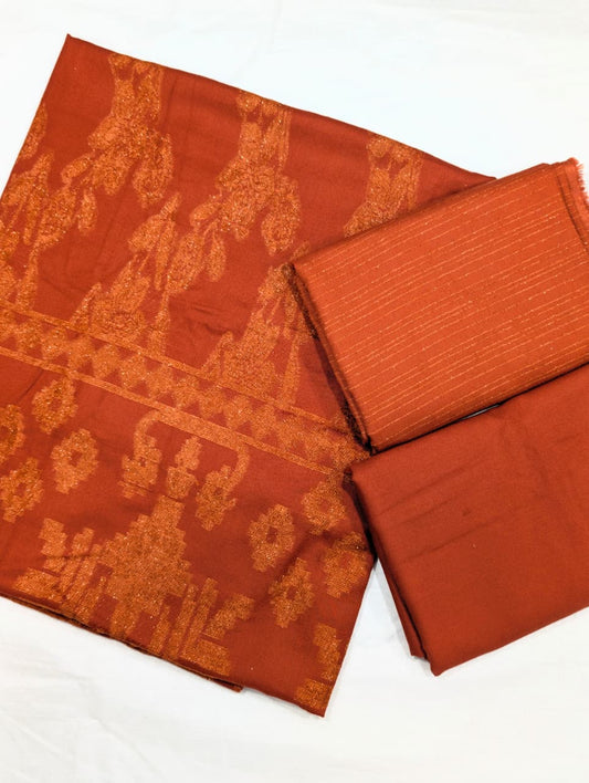 3PC CHAMKI VELVET MARINA WITH HIGH QUALITY CUT WORK DESIGN VELVET SHAWL PREMIUM WINTER COLLECTION (RUST COLOR)
